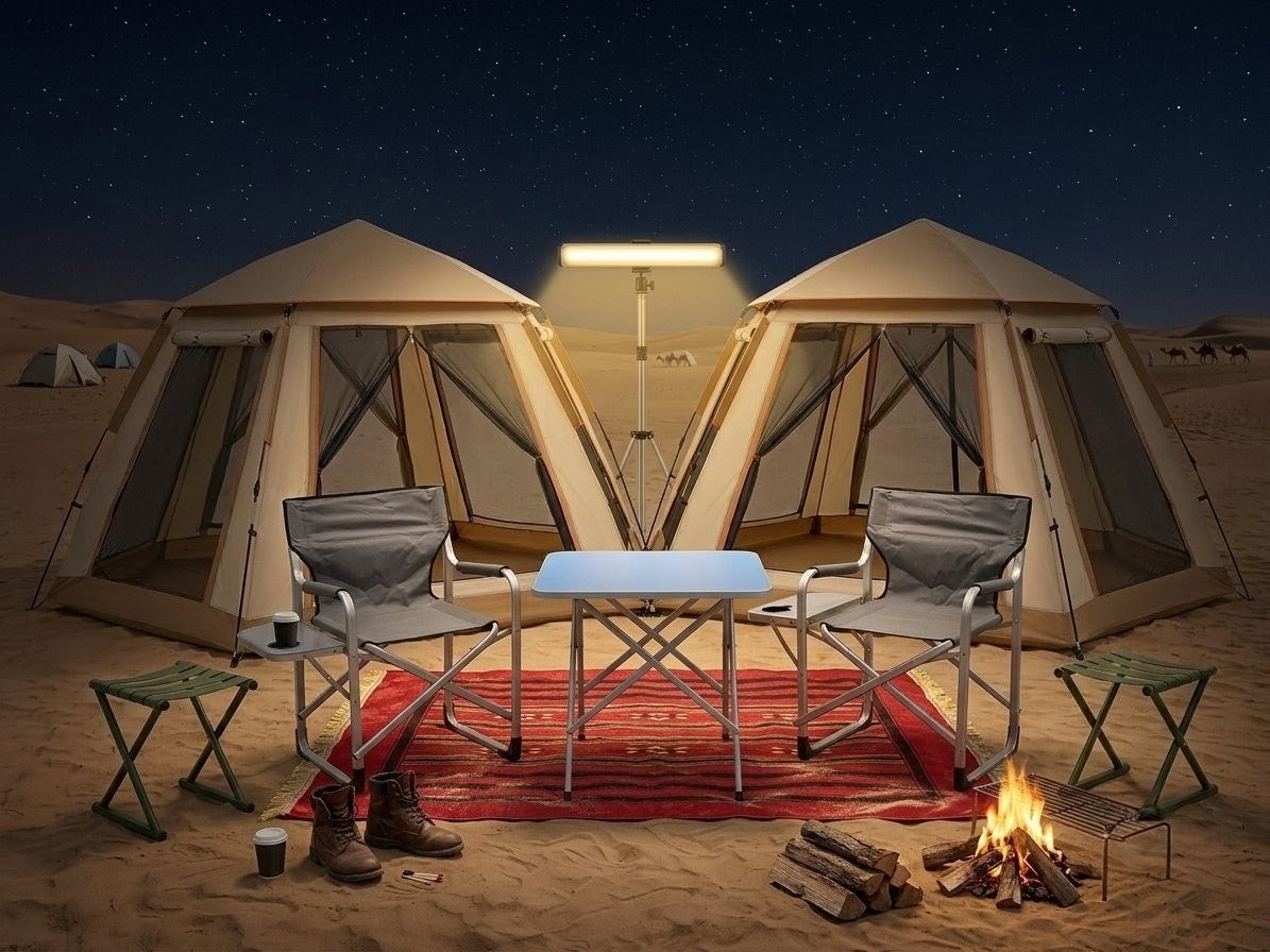 Deluxe Family Outdoor Camping Bundle – Tent, Chairs, Folding Table, Carpet & LED Light