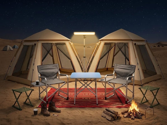 Deluxe Family Outdoor Camping Bundle – Tent, Chairs, Folding Table, Carpet & LED Light